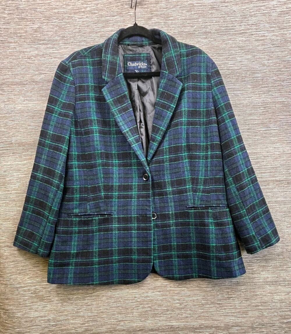 Vintage Chadwicks Of Boston Blazer Womens M Green Blue Plaid Wool Blend Jacket